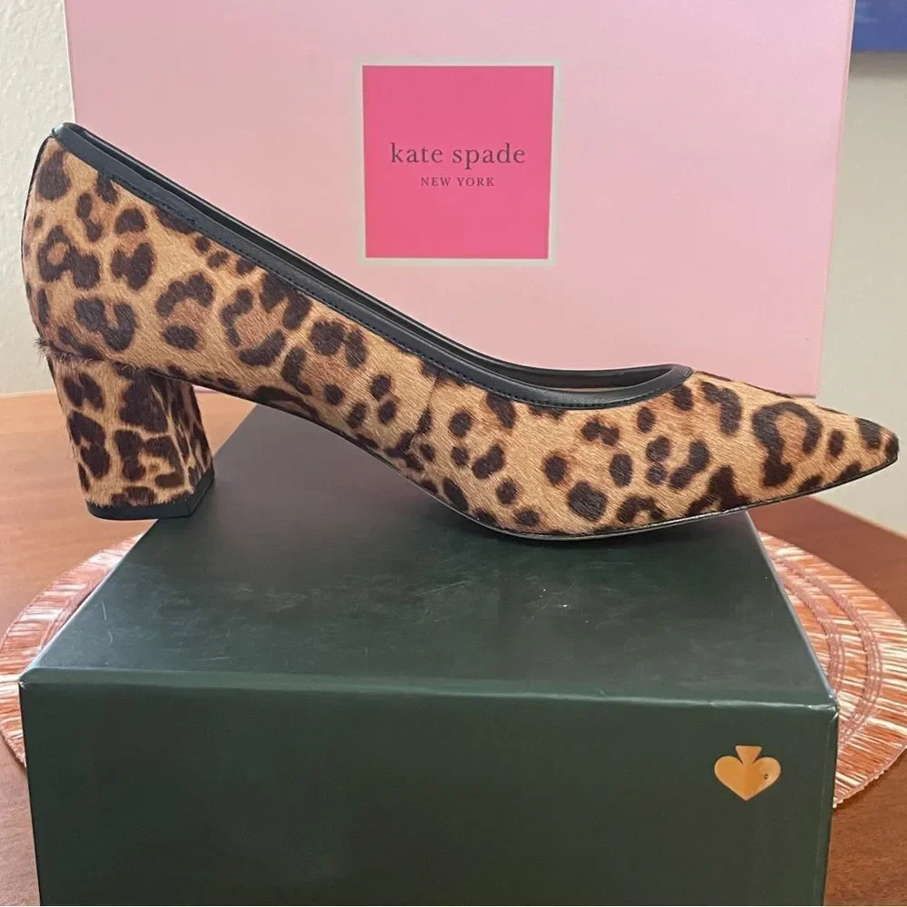 NIB Kate Spade Menorca Calf Hair Pointed Toe Pump Block Heel Brown Black Sz 5.5